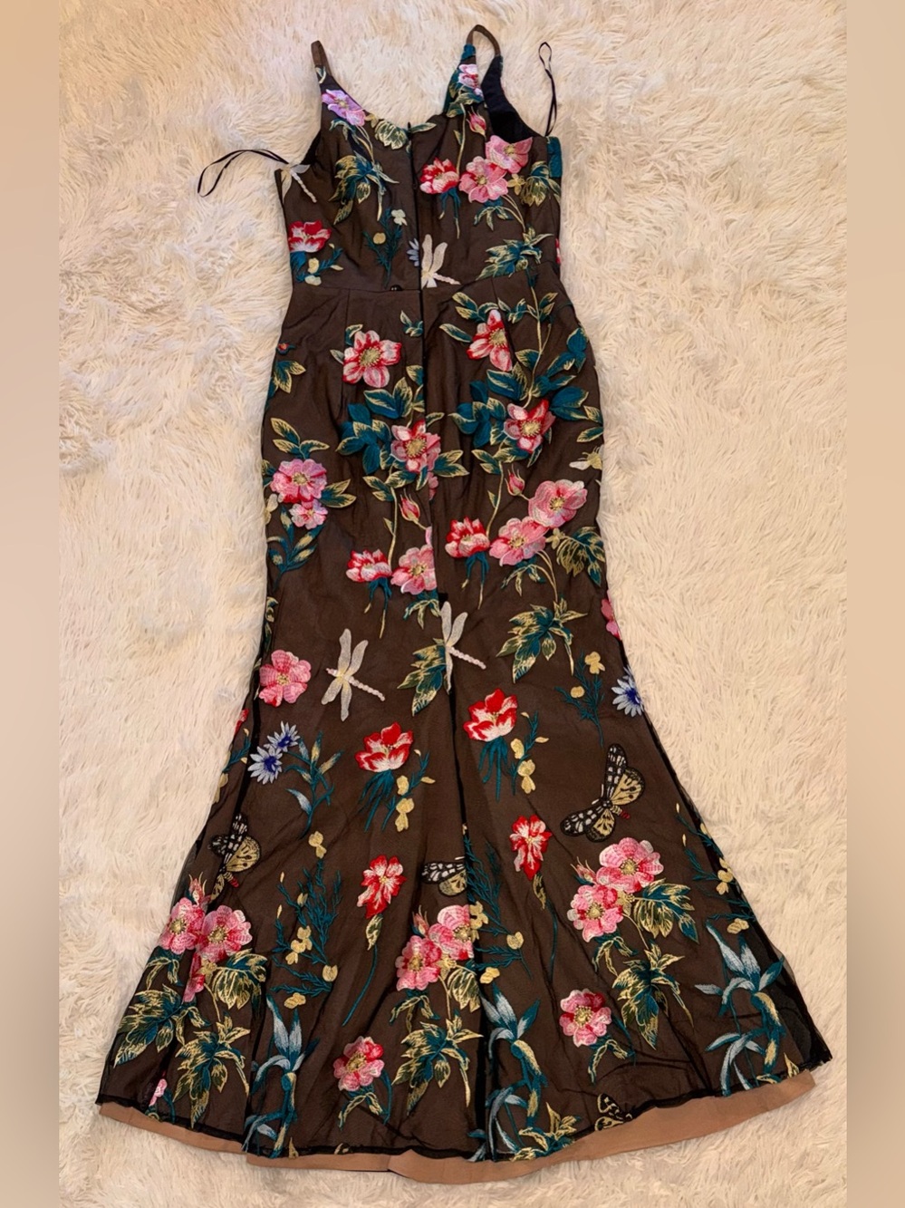 New Dress the Population Brown Floral Maxi Dress with Pink & Teal Blooms - Picture 9 of 9